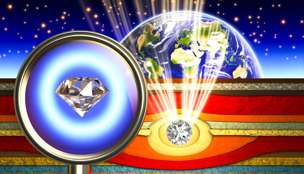 an image showcasing a cross-section of the Earth, highlighting a vibrant path from the surface to the mantle with a glowing superdeep diamonds at the end, surrounded by a halo of appeal.