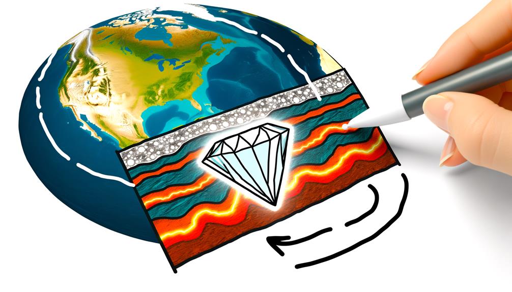 An Image Of A Cross-Section Of Earth, Highlighting A Brilliant Superdeep Diamond Formation Deep Below The Crust, Surrounded By Layers Of Rock, With Beams Of Light Reflecting Off Its Facets.