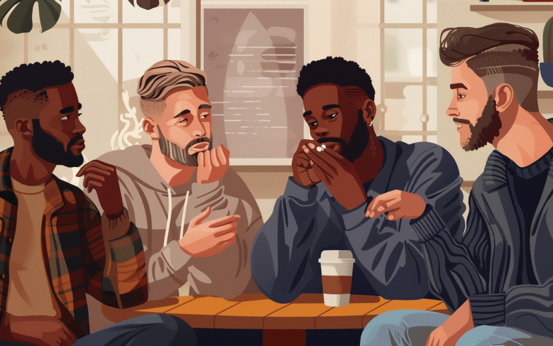 image of diverse men in casual attire, each looking at an engagement ring held thoughtfully in their hands, against a backdrop of a cozy coffee shop setting.