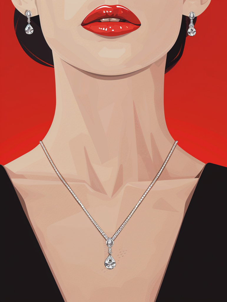 
Illustration Of An Actress Wearing Diamond Jewellery. The Actress Is On The Red Carpet At An Event Such As The Oscars. 