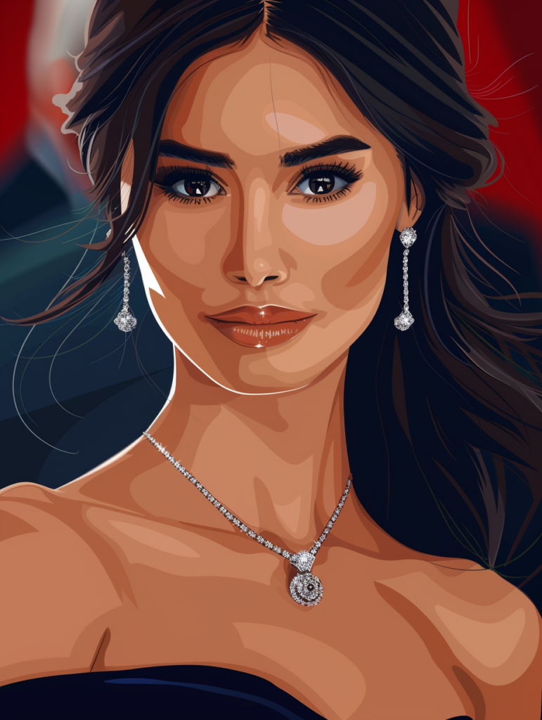 
Illustration Of An Actress Wearing One Of The Top Jewelry Trends Of 2024 - A Diamond Pendant Necklace. The Actress Is On The Red Carpet At An Event Such As The Oscars.