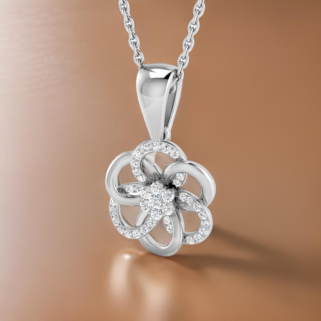 Lab Diamond Flower Cluster Pendant Necklace 0.10Ct Diamonds Set In 925 Sterling Silver.